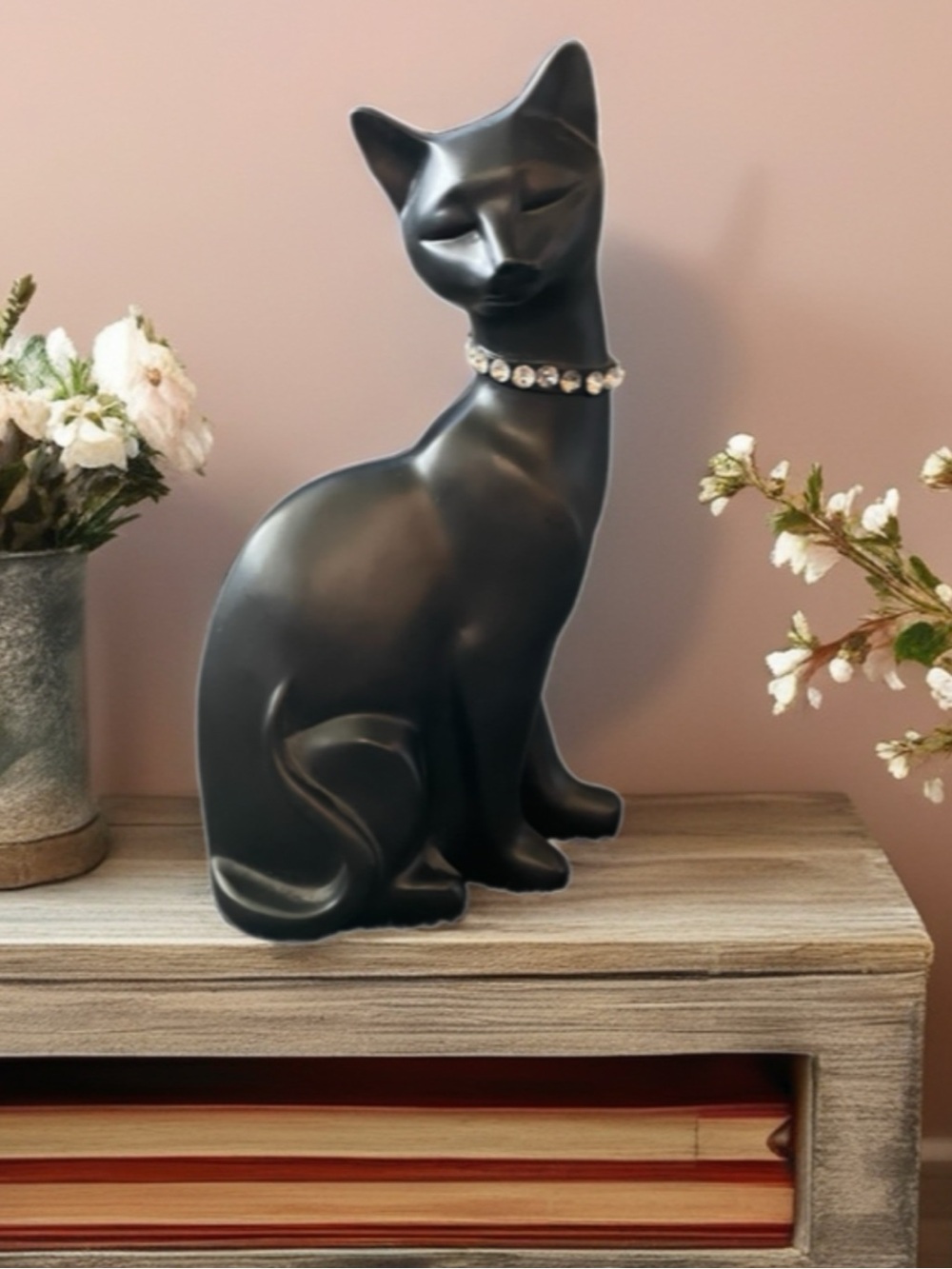 Vintage 1960-70’s Seymour Mann Black 9” Cat Figurine w/Rhinestone Collar. - Picture 4 of 13